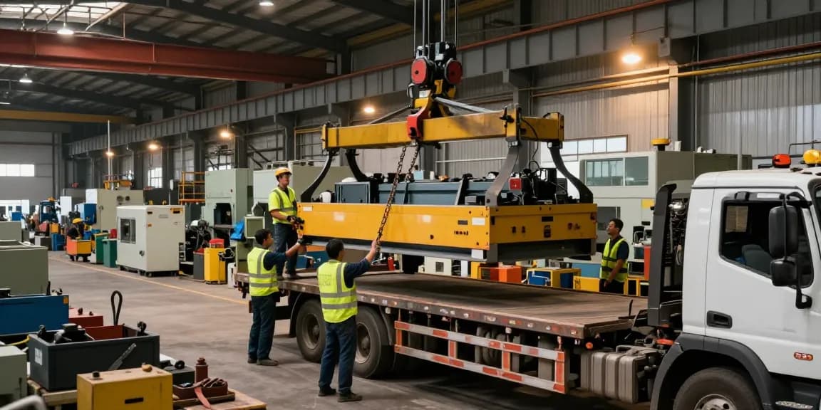 Machinery movers expertly relocating heavy equipment at an industrial site