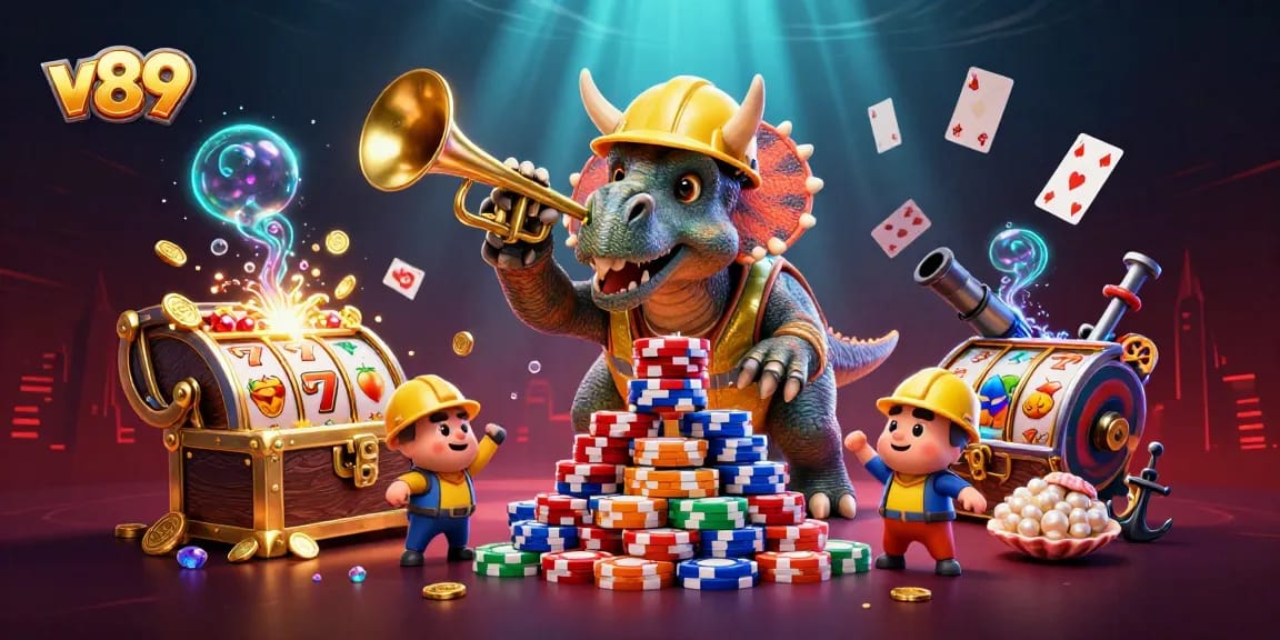 v89 menang besar dengan triceratops percaya diri membangun tumpukan poker chips.