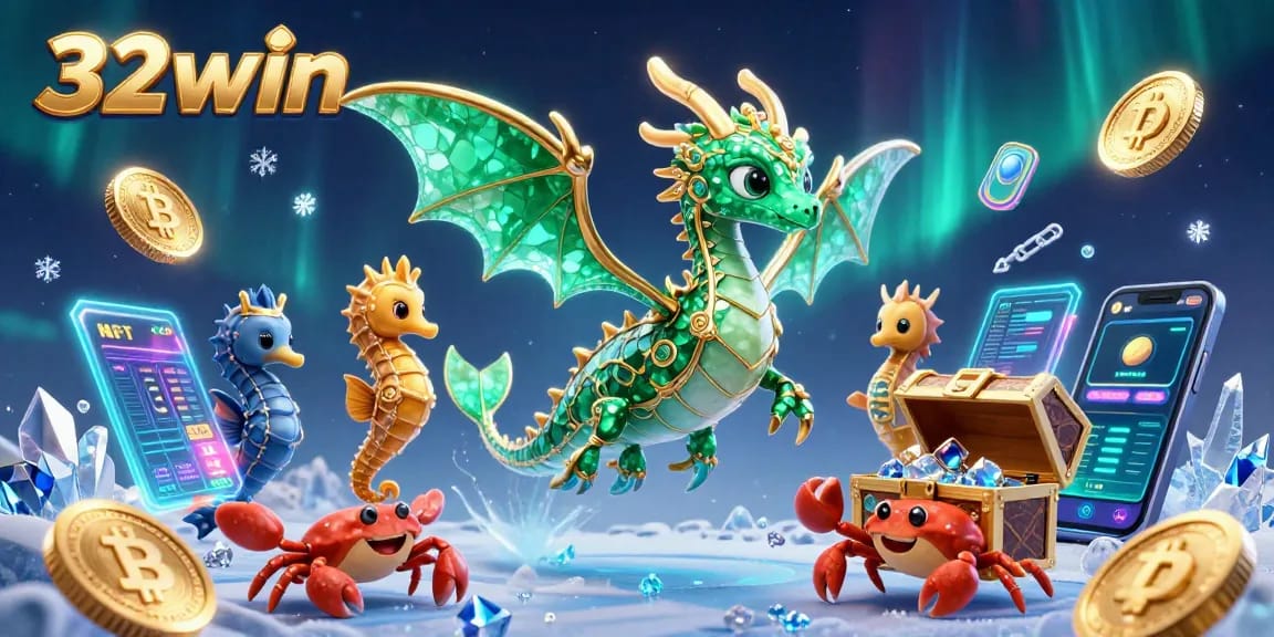 Experience thrilling wins at 32win with a vibrant underwater casino scene showcasing blockchain elements.