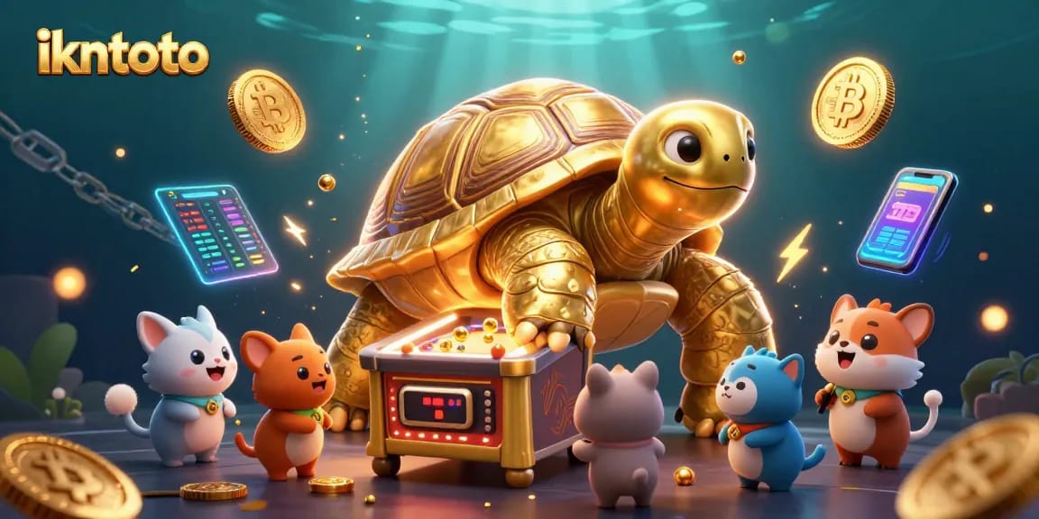 Engage with ikntoto's thrilling crypto casino ecosystem featuring a lively tortoise and vibrant gaming elements.