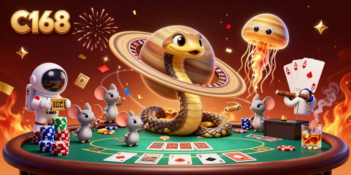 C168's cosmic gaming scene blends poker excitement with a unique 3D twist featuring vibrant characters.