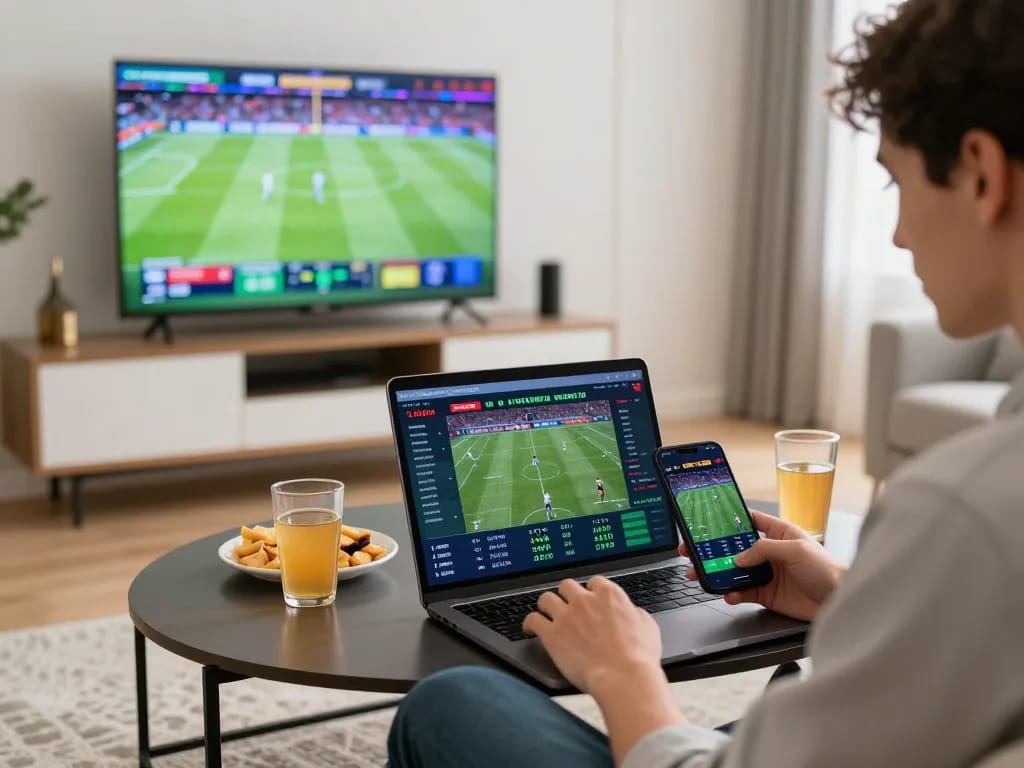 Bongdalu88 user intensely engages in live sports betting on multiple devices in a modern living room.