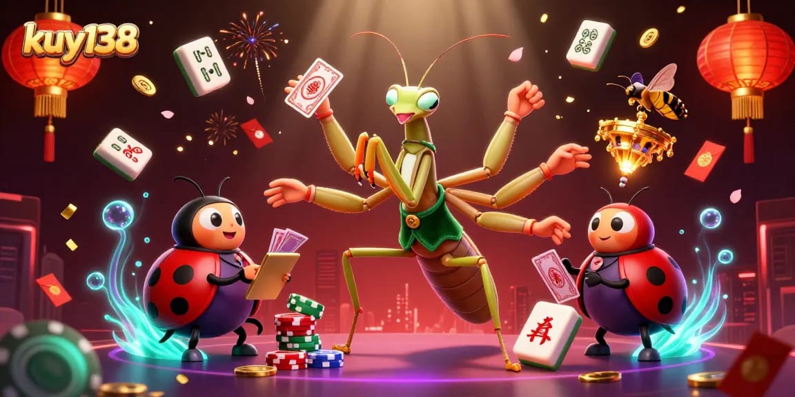 Gambar ilustrasi 3D kuy138 menampilkan karakter kartu, broker dan elemen keberuntungan lainnya.