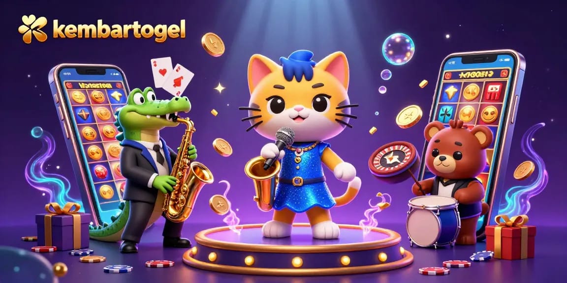 Engage with Kembartogel's vibrant casino scene featuring a jazz-singer cat, saxophonist crocodile, and drum-playing bear.