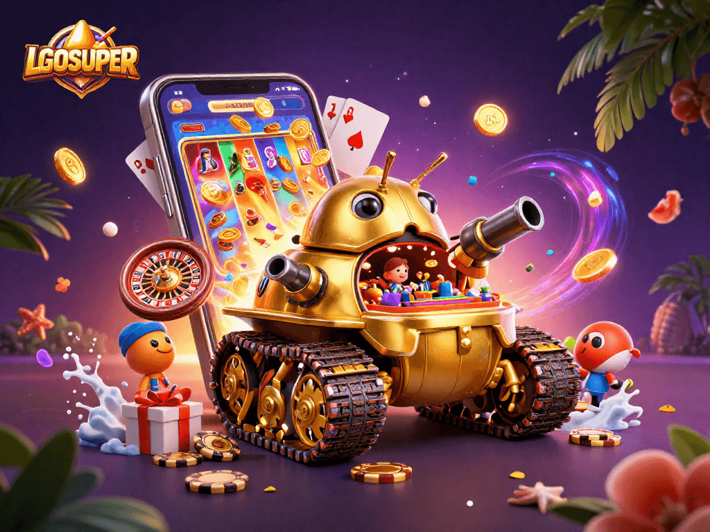 Experience the lively LGOSUPER casino with a golden beetle tank and exciting gaming elements.
