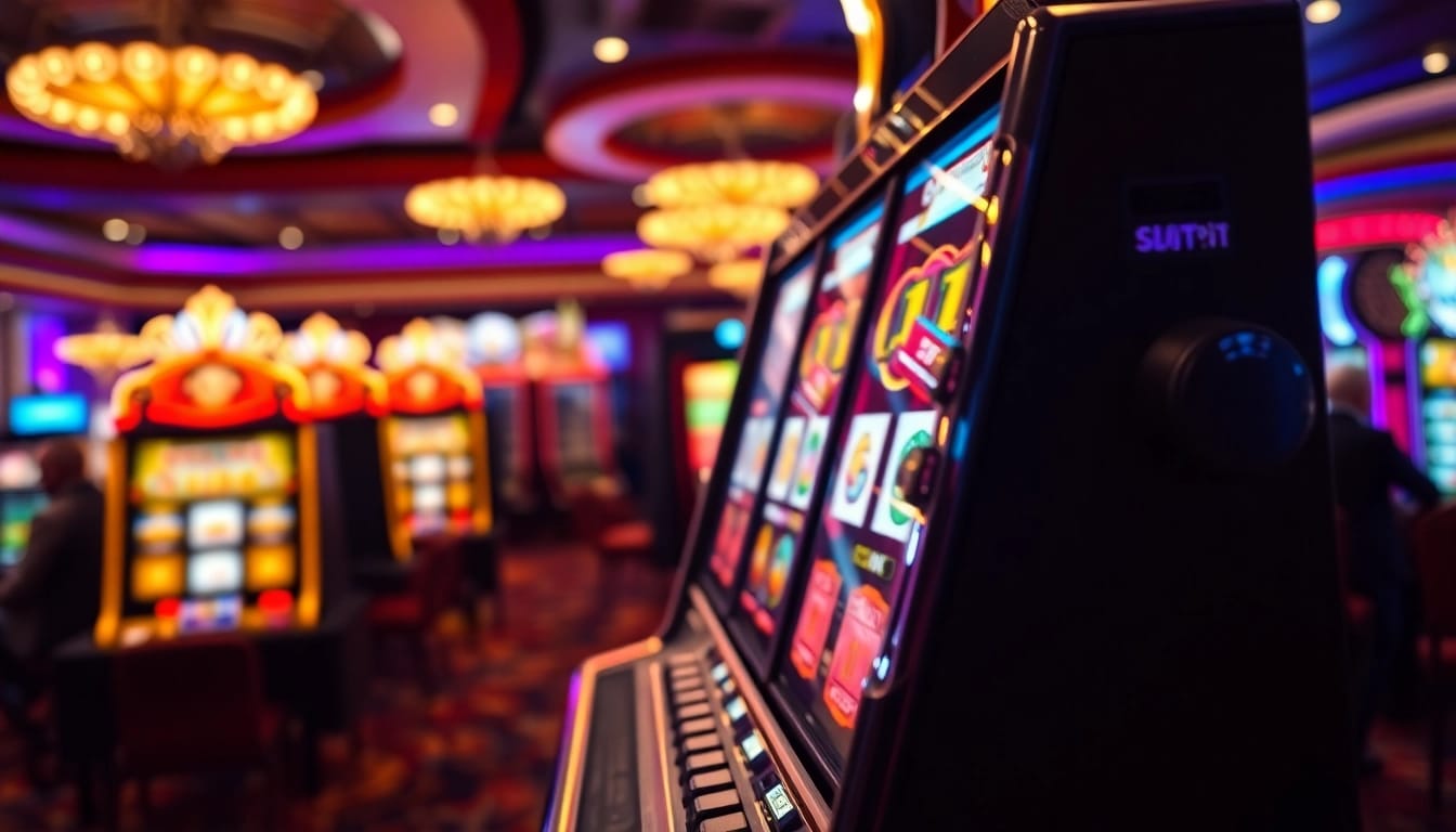 Menang besar di slot mesin kasino yang menawan dengan lampu berkilau dan desain menawan.