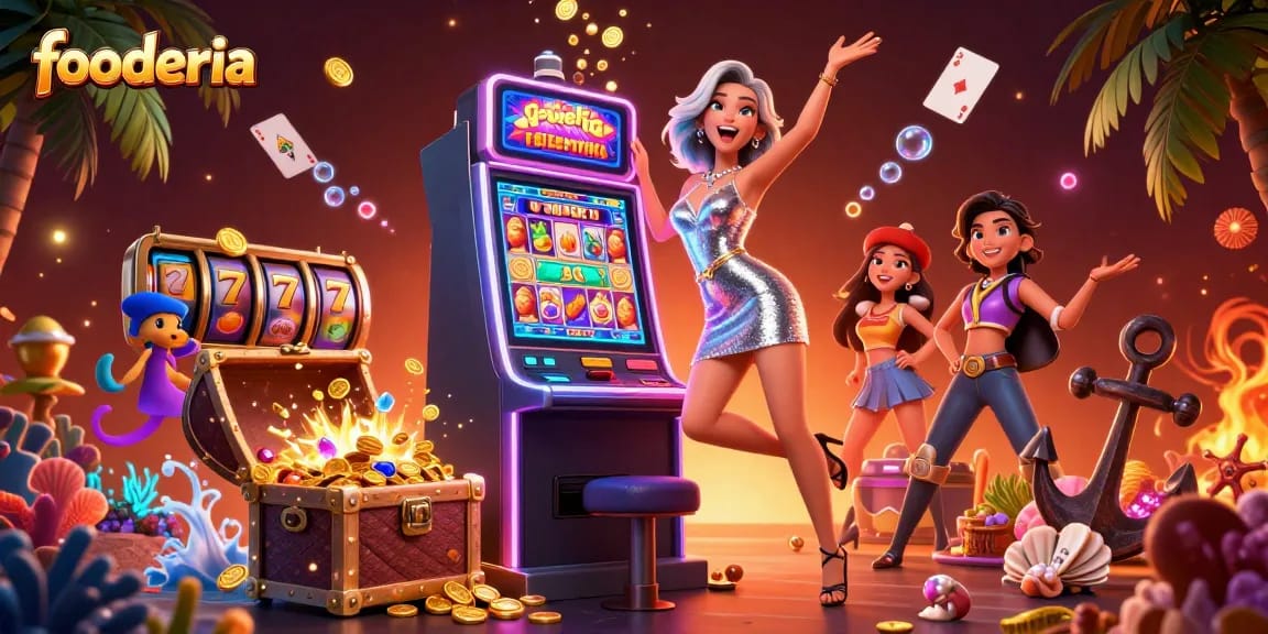 Engage in thrilling gaming at Fooderia's vibrant casino, celebrating jackpots and exciting wins.