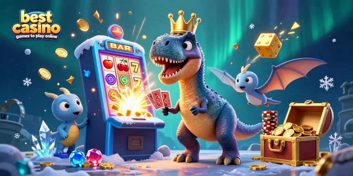 Play the best casino games to play online with a fun T-Rex and friends in a vibrant setting!
