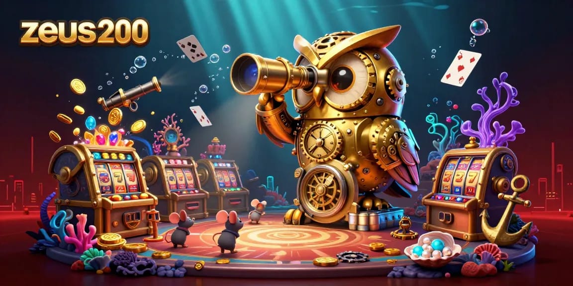 Menghadirkan zeus200 dalam ilustrasi kasino yang semarak dengan burung hantu emas dan simbol slot keberuntungan.