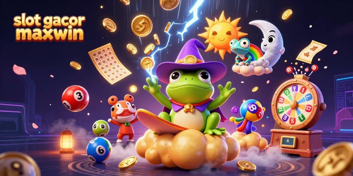 Mainkan slot gacor maxwin dengan ilustrasi karakter kartun yang berkemah dalam badai koin emas.