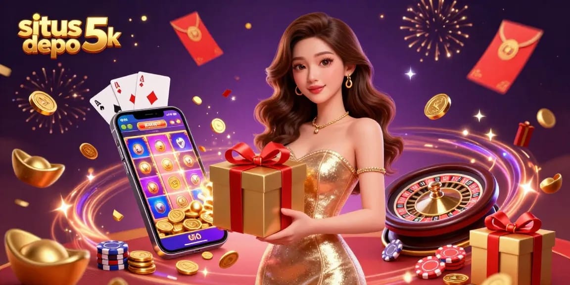 Situs depo 5k showcases a vibrant casino celebration with golden coins and a festive atmosphere.