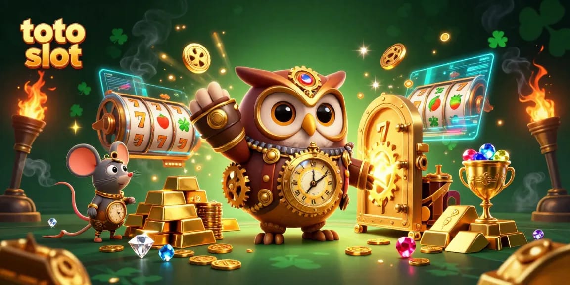 Mainkan toto slot dengan suara menggembirakan di depan tumpukan harta dalam suasana kasino.