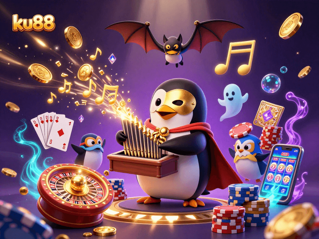 Experience ku88 excitement with a 3D penguin playing an organ amidst gold coins and casino elements.