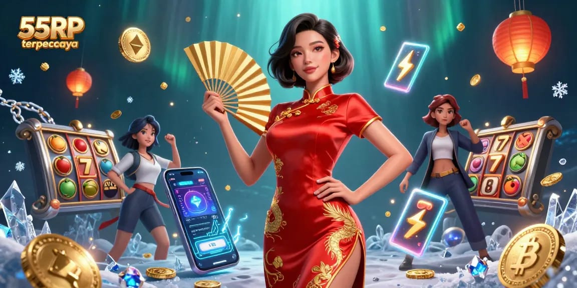 Engage with the exciting world of 55RP terpercaya through vibrant casino elements and a stunning Asian hostess.