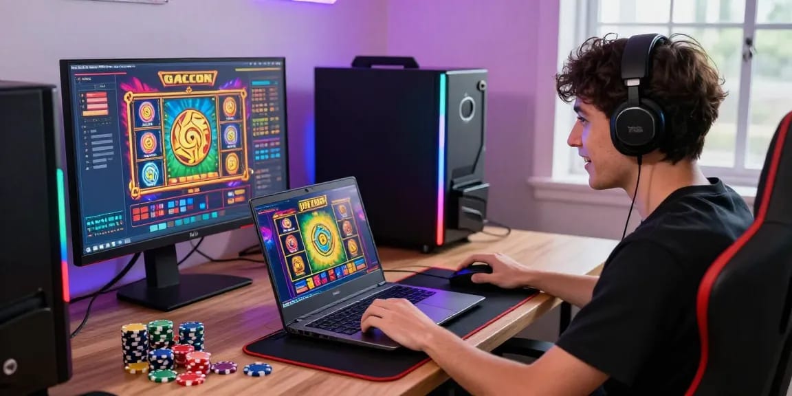Player enjoying a situs slot gacor game on a modern laptop in vibrant gaming room.