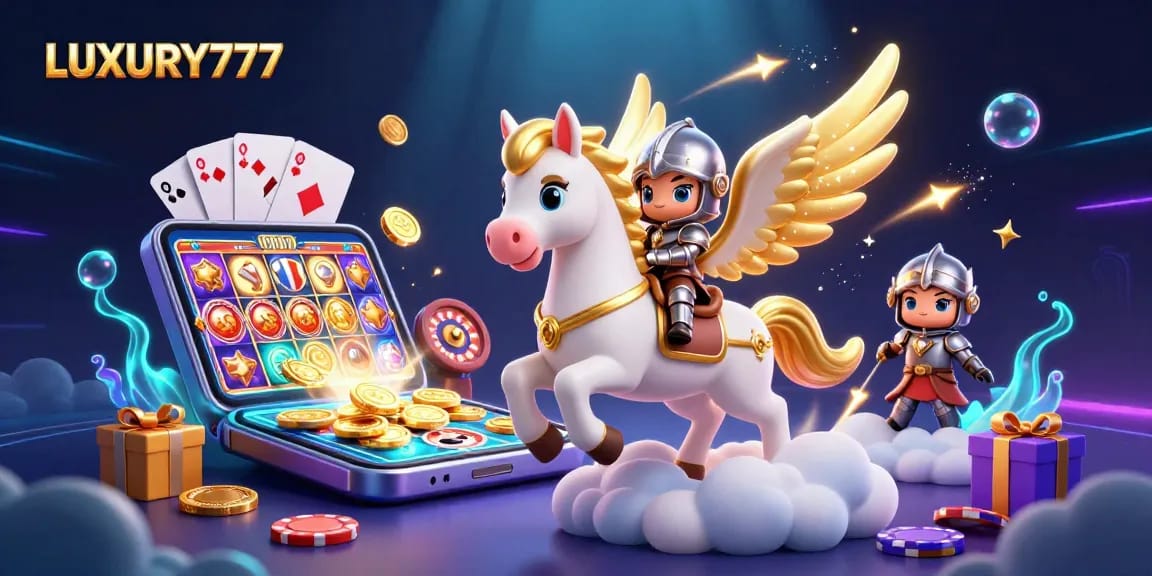Aksi seru dalam permainan judi LUXURY777 dengan kuda putih bersayap emas menjelajahi dunia slot yang penuh hadiah.