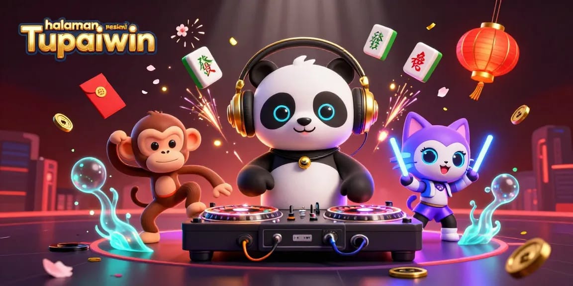 Menggoda pemain di halaman resmi Tupaiwin dengan DJ panda yang berputar dan karakter menarik lainnya dalam suasana pesta kasino.