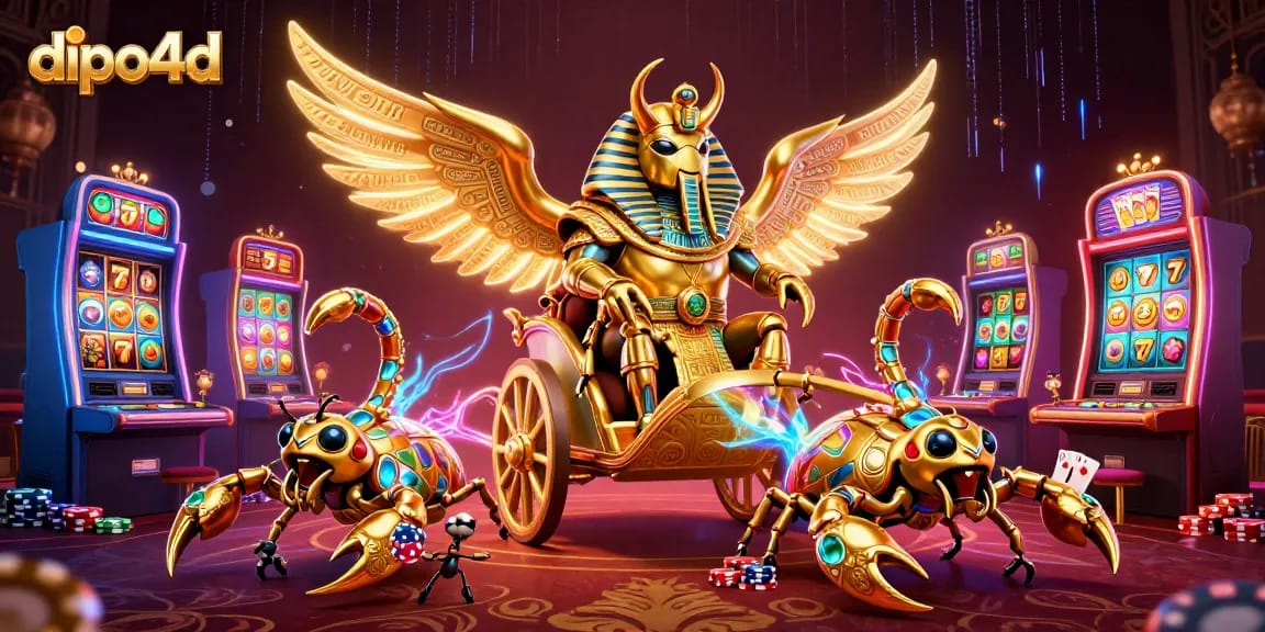 Engage with dipo4d's vibrant gaming universe featuring a majestic scarab beetle in a bustling casino.
