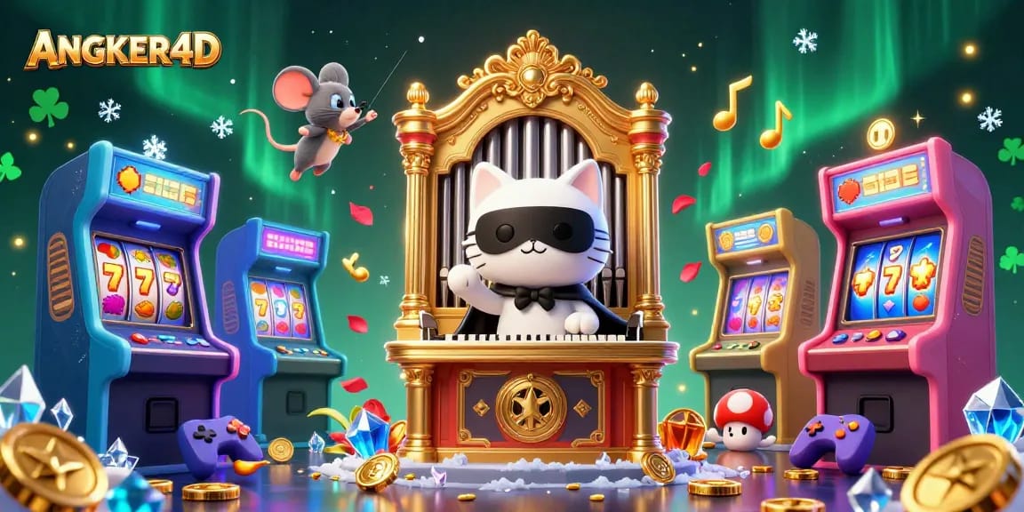 Spin to win with ANGKER4D, featuring a unique casino scene with vibrant game elements and characters.