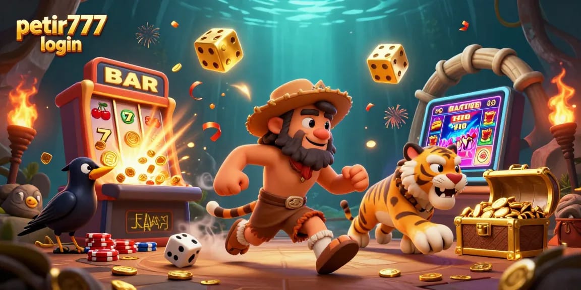 Experience the excitement of petir777 login in a vibrant prehistoric casino scene with slot machines bursting with coins.