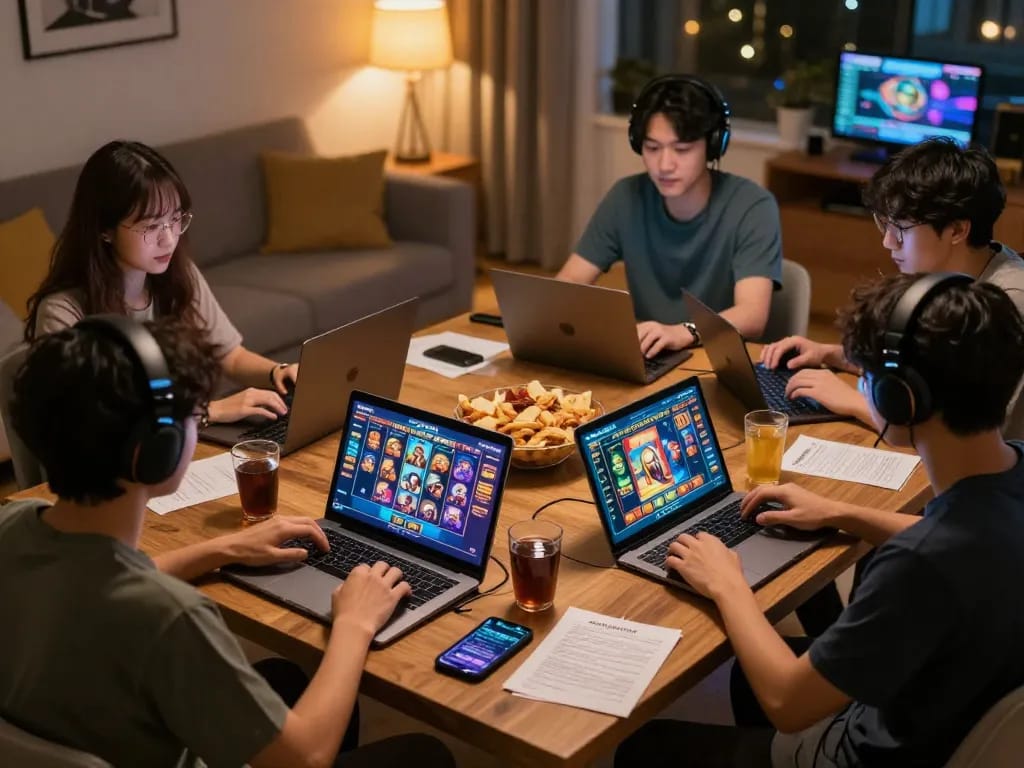 Playing PULSASLOT SLOT ONLINE TERPERCAYA on tablets in cozy home environment during an exciting gaming night.