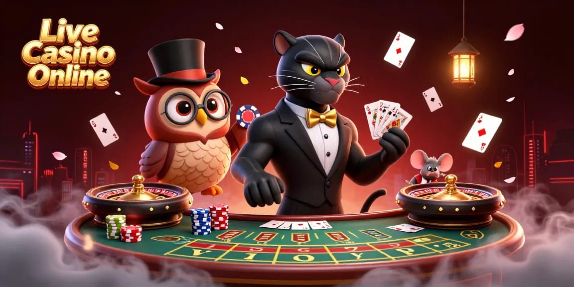 Engaging Live Casino Online scene with a tuxedoed panther, poker-keeping owl, and playful mouse.