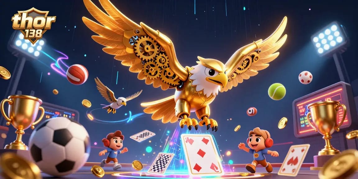 Mengakses thor 138 dengan gambar kartun elang emas dan kartu bermain holografis dalam suasana kasino yang energik.