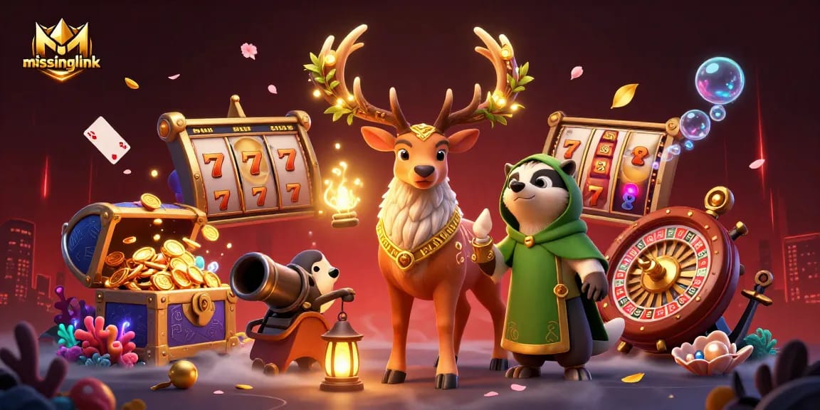 Experience the excitement of missinglink with an animated slot game scene featuring characters and casino elements.