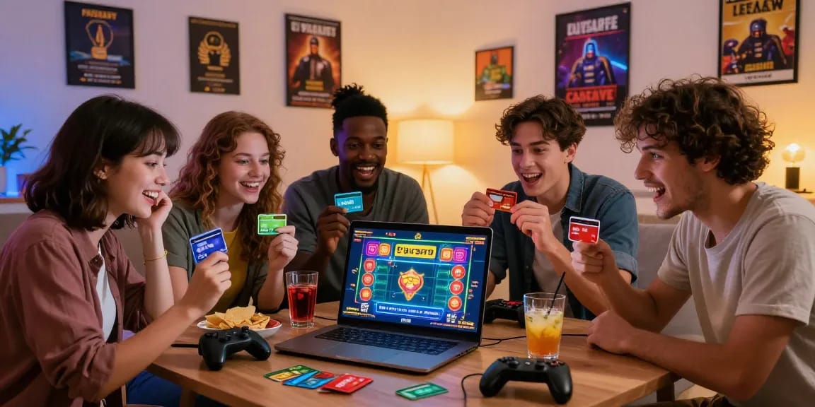 Freunde genießen Online-Gaming mit einer Paysafe Card Casino und heben die Aufregung und das Engagement in einem gemütlichen Wohnzimmer hervor.