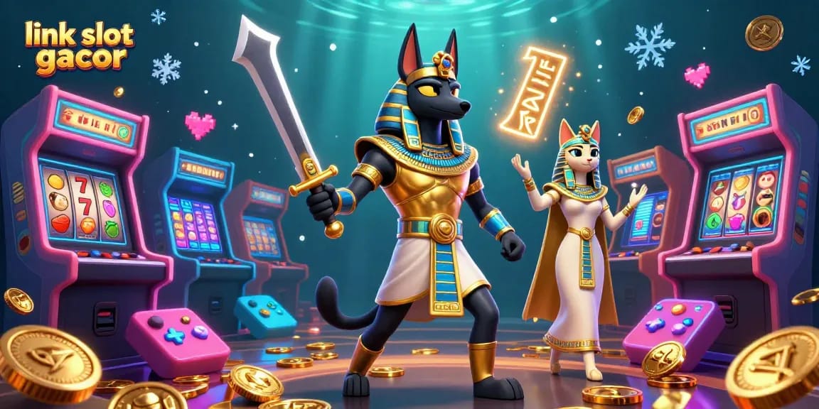 Spin the reels at link slot gacor with Anubis and Bastet in this dynamic casino scene.