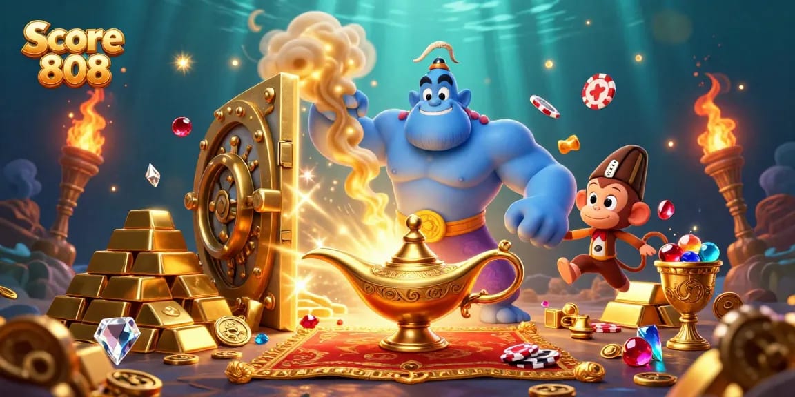 Experience the thrill of Score 808 with a captivating 3D scene showcasing a blue genie, poker chips, and golden treasures.