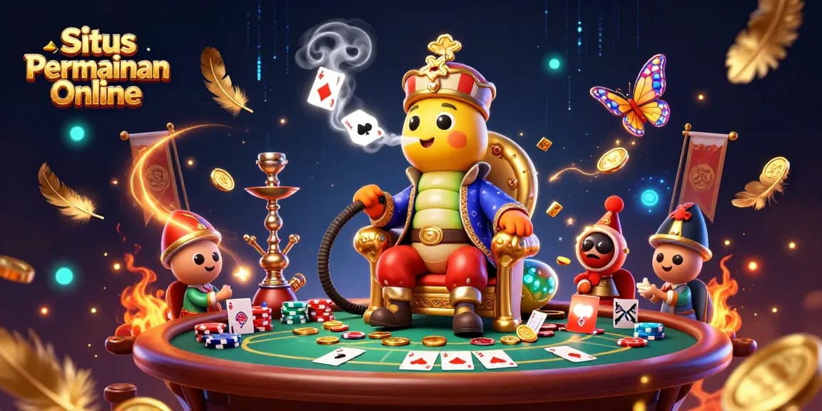 Situs Permainan Online features a vivid 3D illustration showing a caterpillar hookah-master with poker symbols, enhanced by a dynamic casino-themed background.