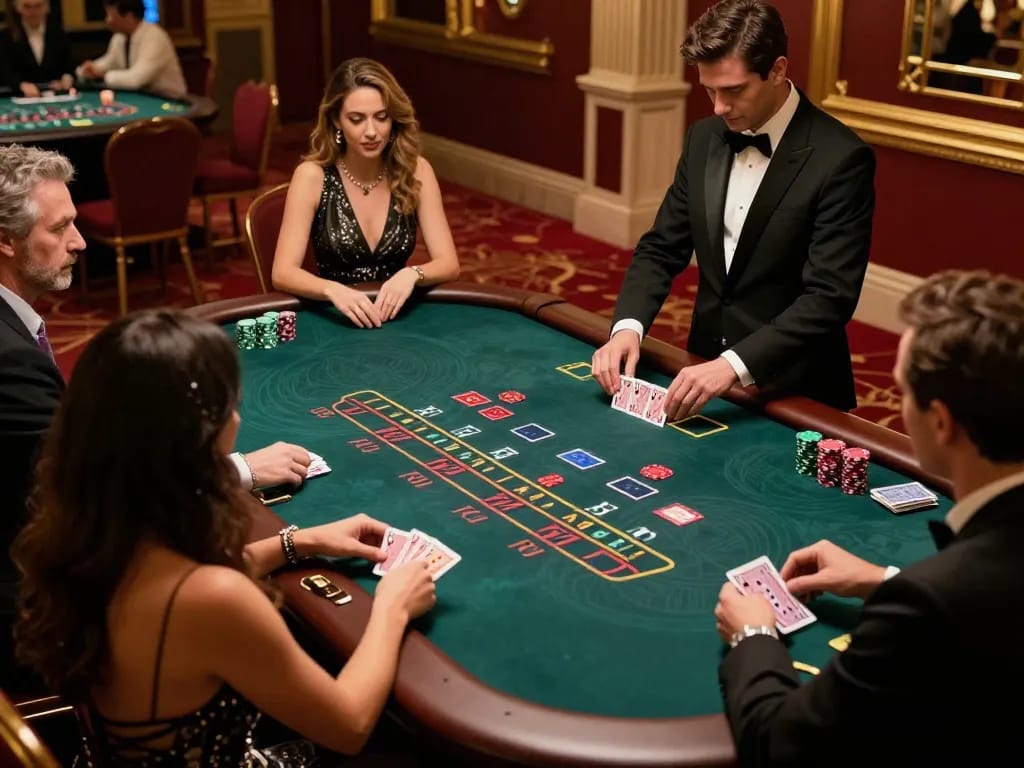 Pemain Kaisar888 terlibat dalam permainan blackjack strategis di meja kasino kelas atas.