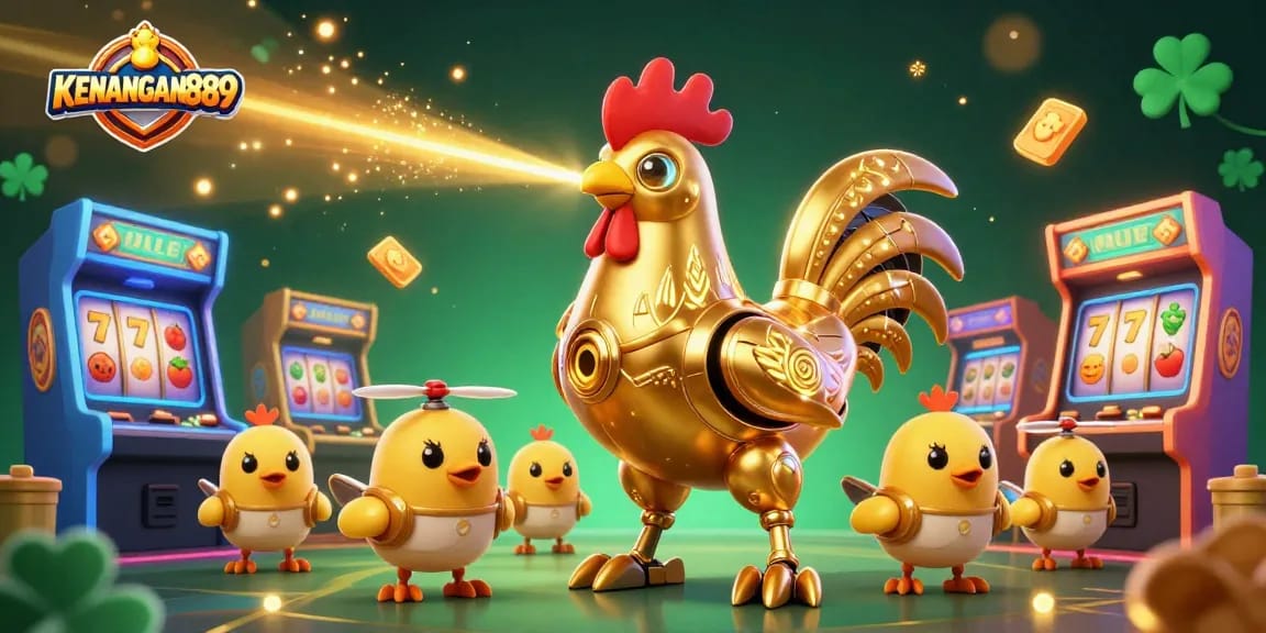 Engage in thrilling fun with KENANGAN889 in this energetic 3D casino illustration featuring a golden rooster robot surrounded by slot reels and arcade machines.