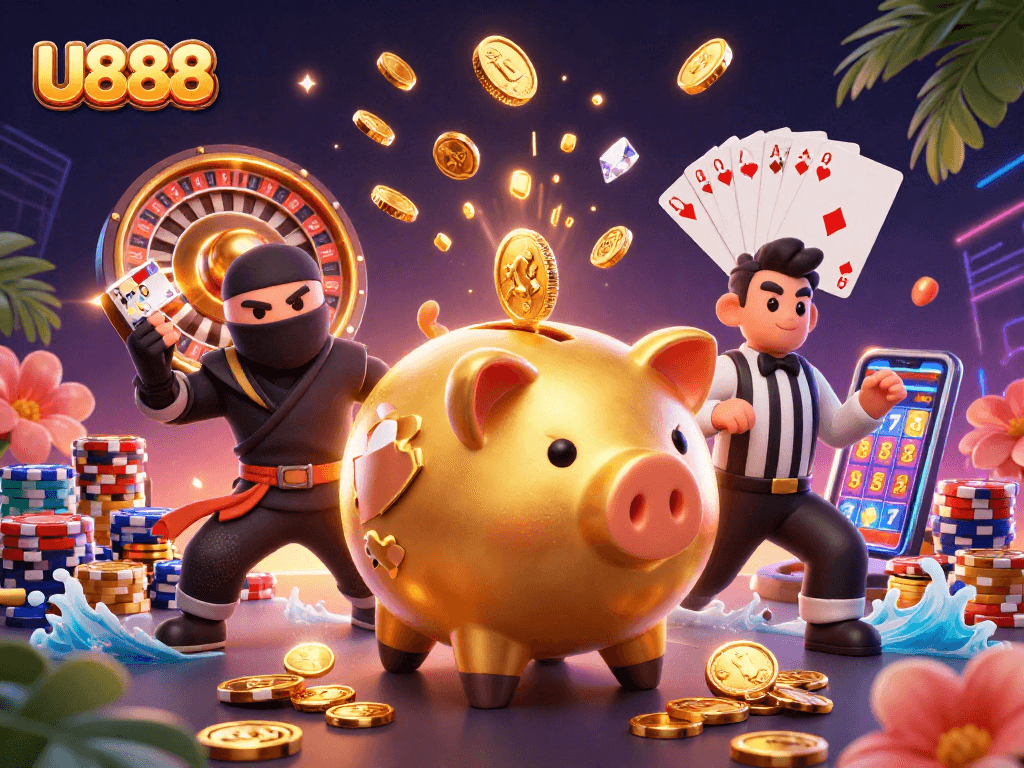Join the fun at U888 with a vibrant scene featuring a golden piggy bank sumo wrestler and dynamic casino elements.