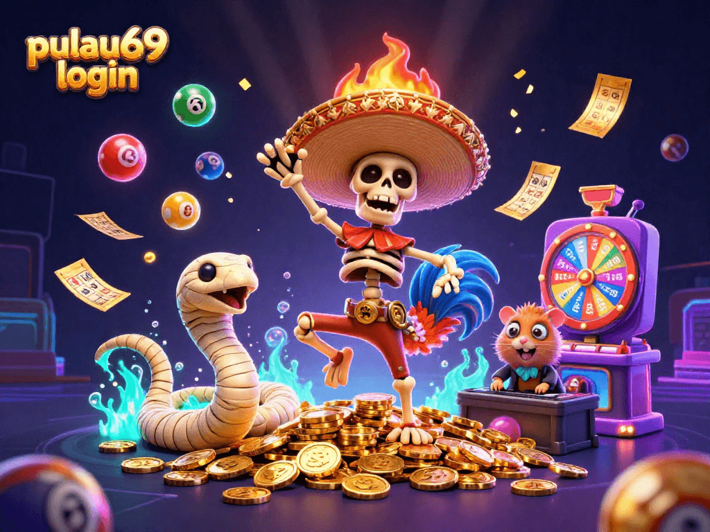 Experience exciting wins with pulau69 login, featuring a vibrant 3D casino scene and energetic characters.