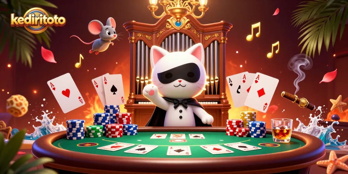 Kediritoto mengatur suasana kasino dengan karakter kartun bermain poker dan musik, dikelilingi oleh chip warna-warni.