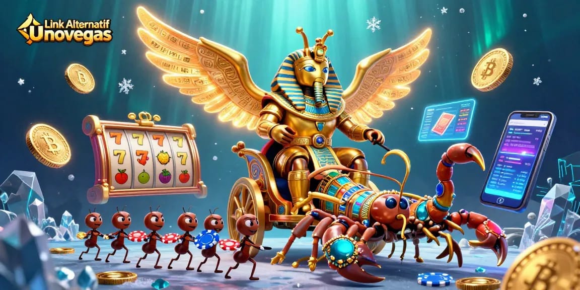 Play with excitement at Link Alternatif Unovegas featuring vibrant slot reels and crypto coins.