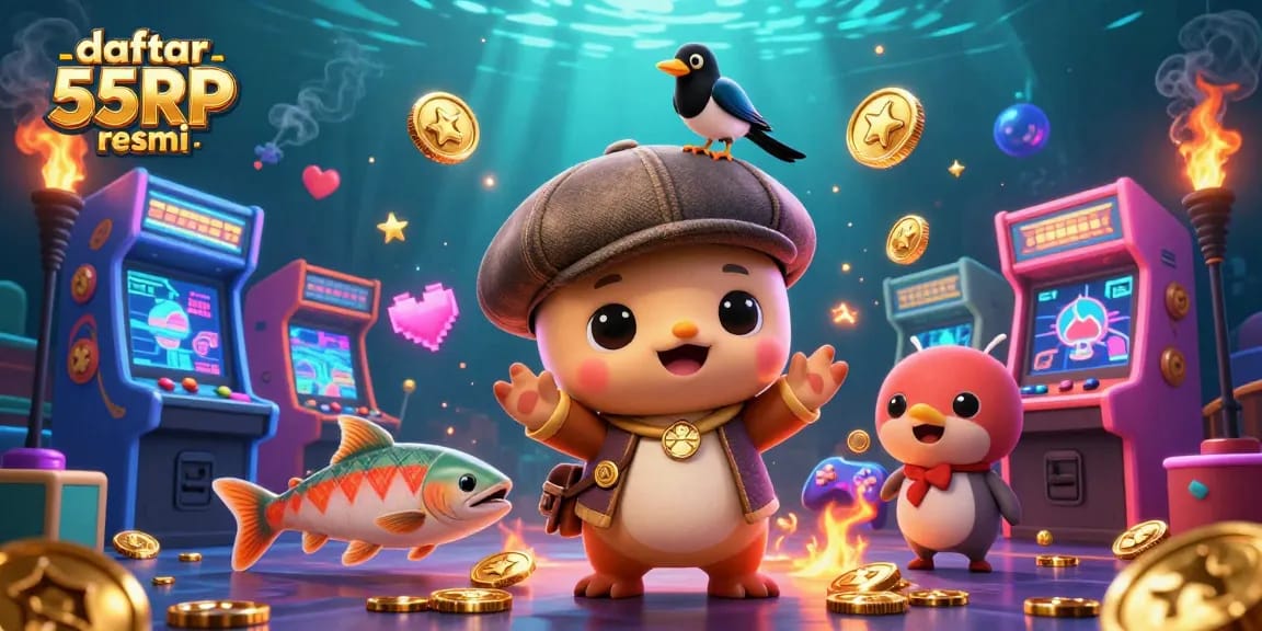 Join the fun at daftar 55RP resmi and win exciting prizes with this vibrant casino illustration.