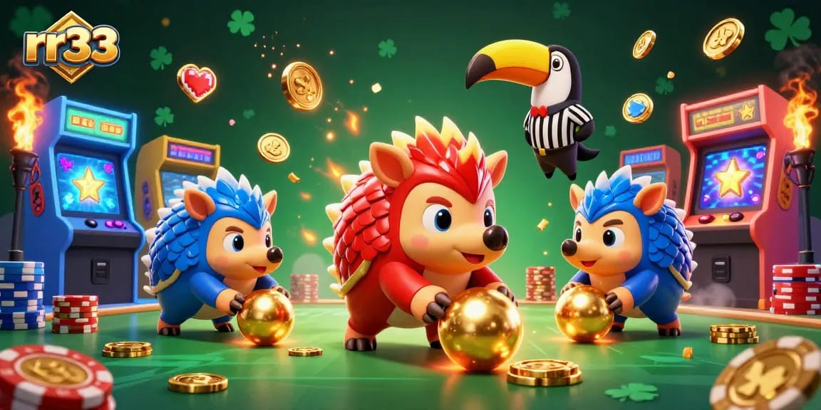 Rasakan ketegangan bermain di rr33 dengan pangolin bersaing melempar bola emas dan tumpukan chip poker.