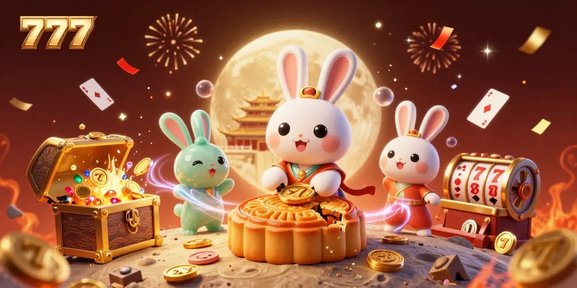 Experience the thrill of 777 casino games with a playful rabbit pounding golden mooncakes that reveal poker chips.