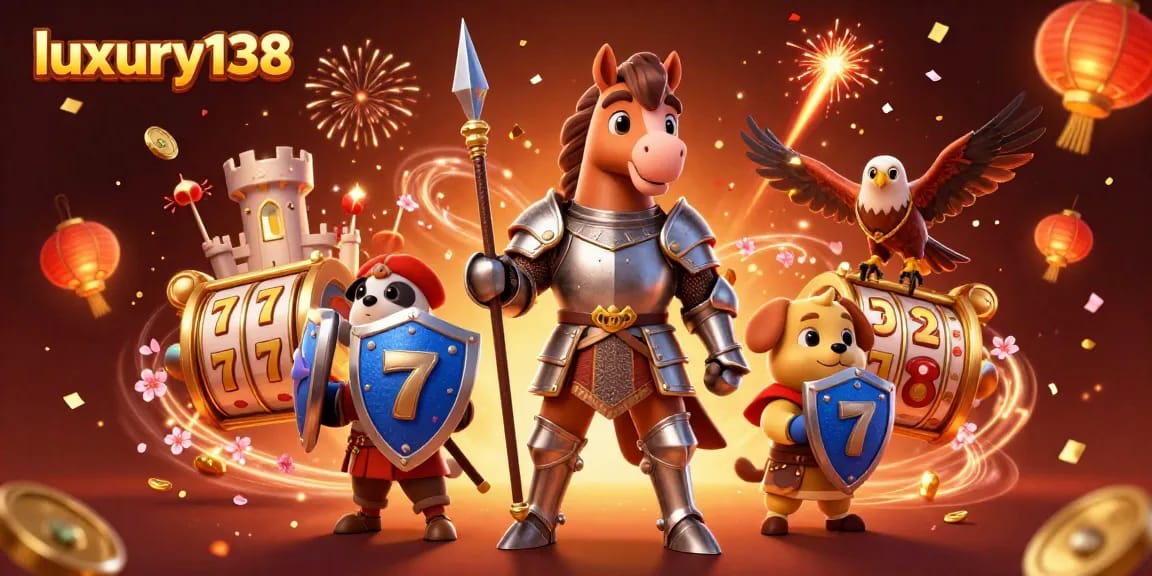 Experience thrilling wins at luxury138 with an exciting casino scene featuring knights and golden elements.