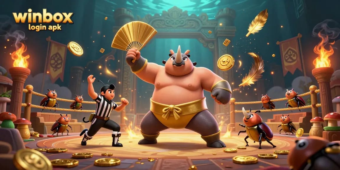 Experience the thrilling action of winbox login apk with a majestic beetle champion amid swirling golden coins and vibrant casino elements.