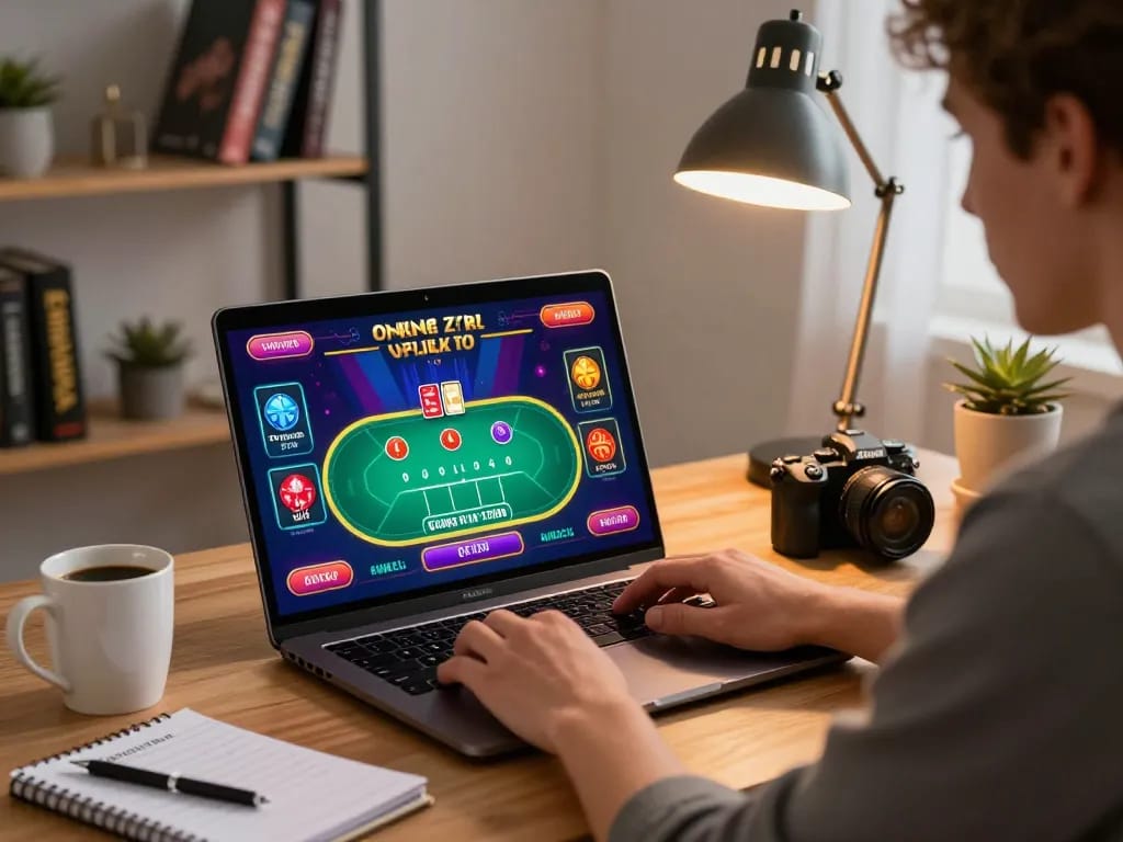 LGO99 Situs Game Online Terpercaya Di INDONESIA user engaging in strategic online casino gaming at home with laptop