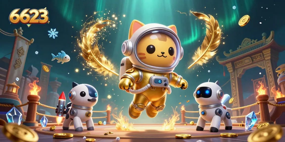 Engage with 6623's vibrant casino adventure featuring an astronaut cat, robot dog, and alien fishes.
