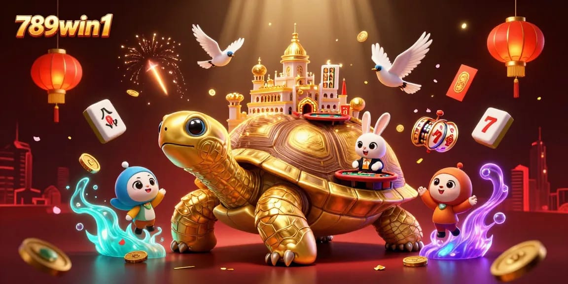 Experience the thrill of 789win1 with vibrant casino elements and a golden tortoise scene.