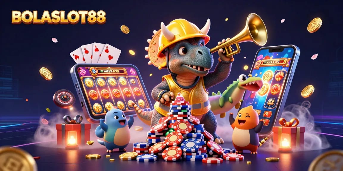 BOLASLOT88 menunjukkan keceriaan saat triceratops dan parasaurolophus merayakan kemenangan dengan tumpukan chip poker.