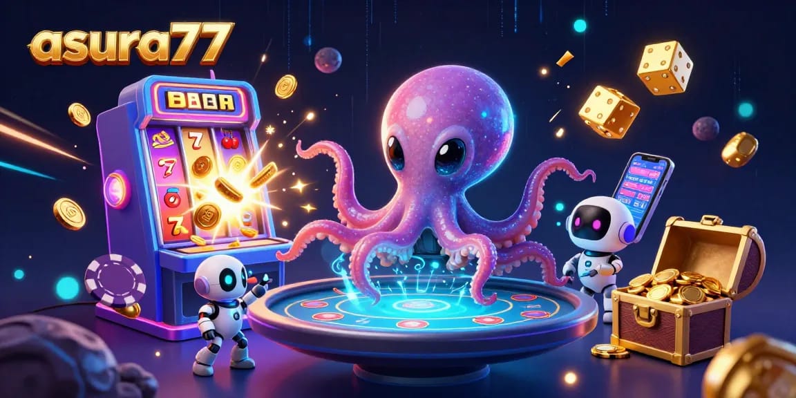 Play exciting games with asura77, featuring a thrilling jackpot scene with an alien octopus and dynamic casino elements.