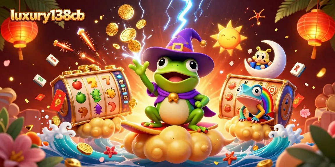 Experience thrilling wins with luxury138cb as a frog wizard conjures golden coins and fun gaming elements.