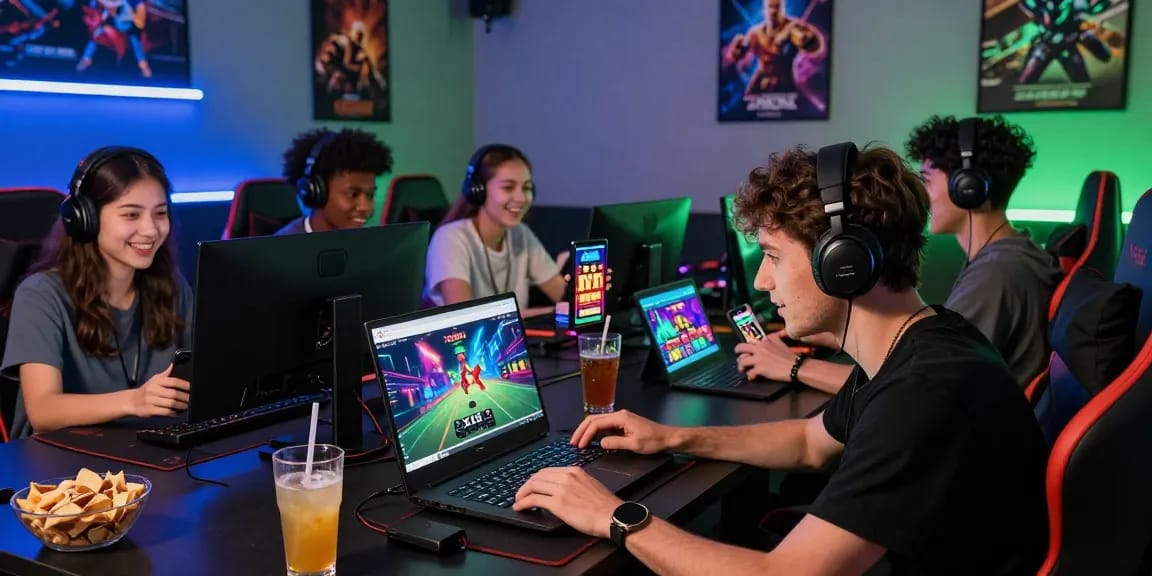 Engaging group of friends enjoying the XX88 gaming platform on multiple devices in a sleek gaming lounge.